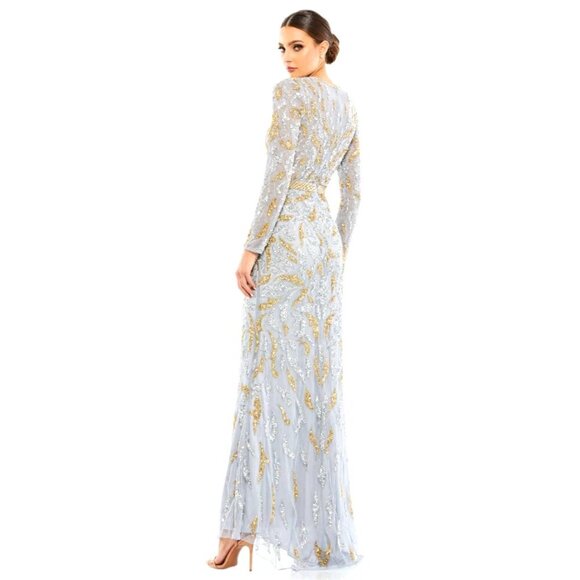 NEW! Mac Duggal Platinum Silver Gold Paisley Beaded Long Sleeve Gown SZ 6 - Picture 4 of 11